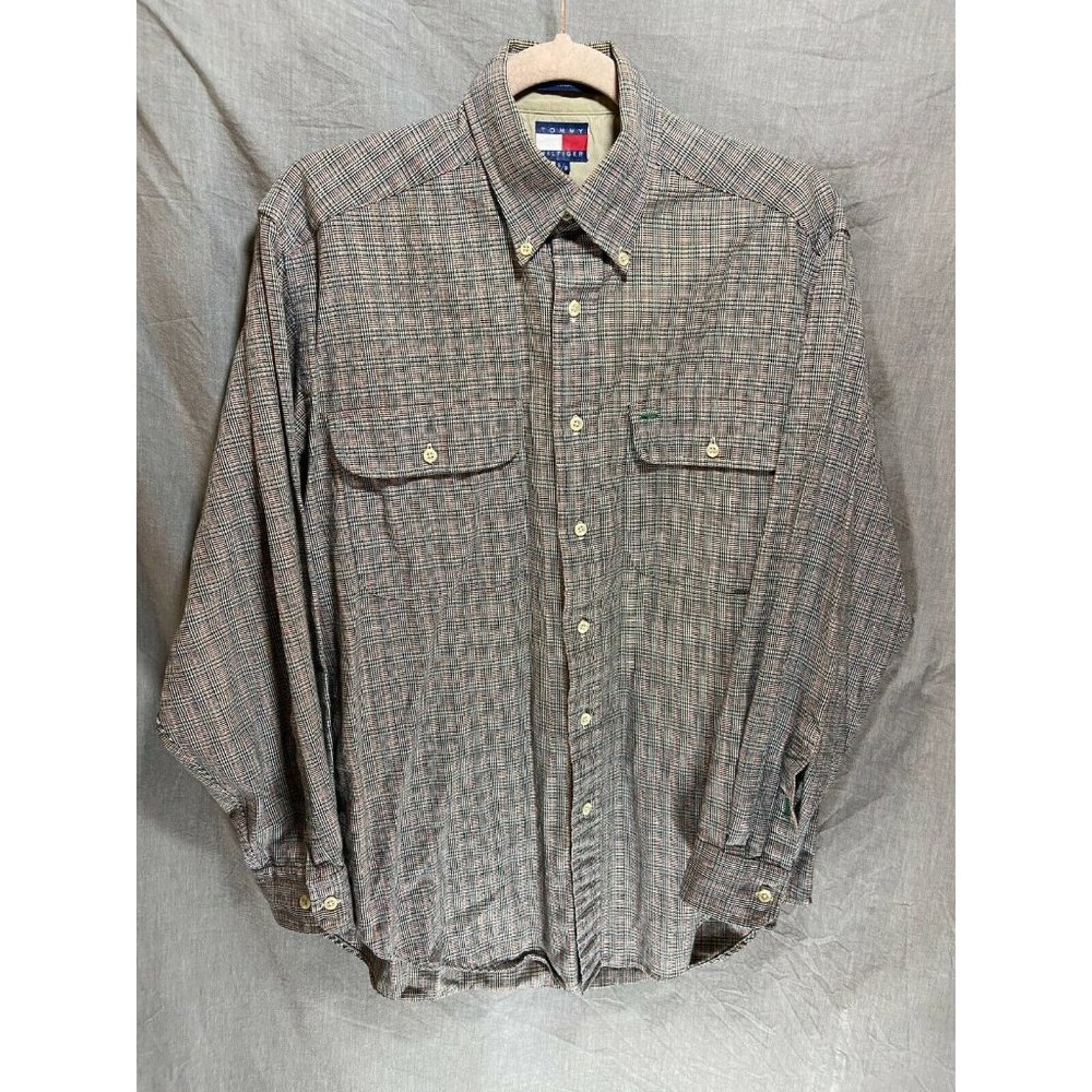 Tommy Hilfiger Button Up Shirt Adult Small Beige Plaid Long Sleeve Mens.